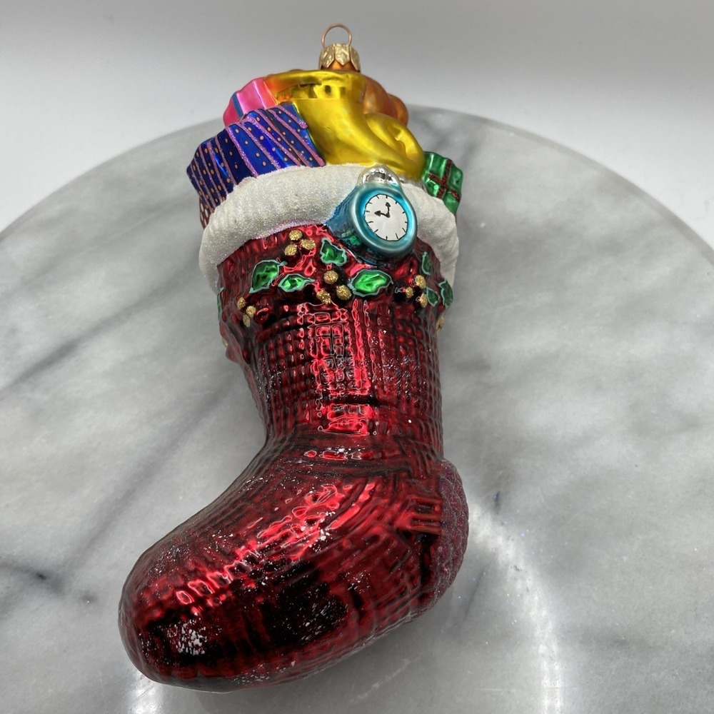 Radko Christmas Stocking Glass Ornament Red Teddy Bear Horn Gifts - Picture 11 of 16
